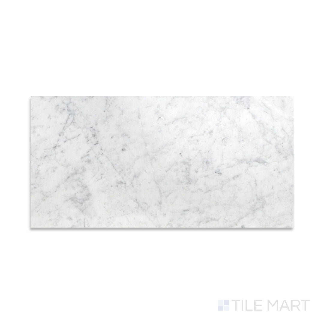 Full view from above of White Carrara Marble 12x24 polished tile showing large glossy marble pieces for luxurious interior surfaces