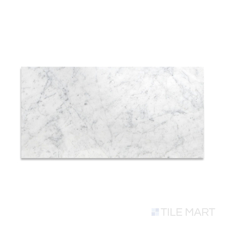 Full view from above of White Carrara Marble 12x24 polished tile showing large glossy marble pieces for luxurious interior surfaces