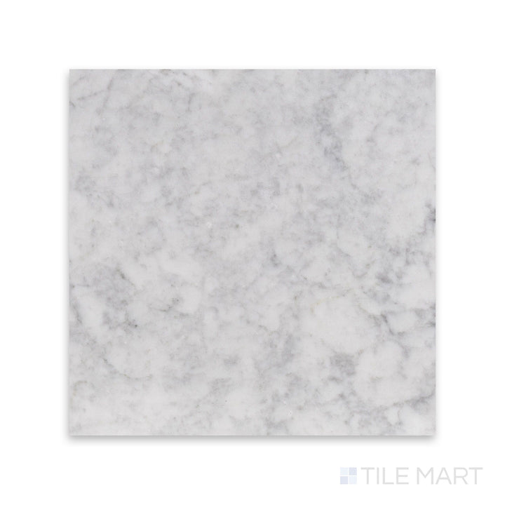 Overview of White Carrara Marble 18x18 honed tile showing large soft-finish marble slabs arranged in a classic format
