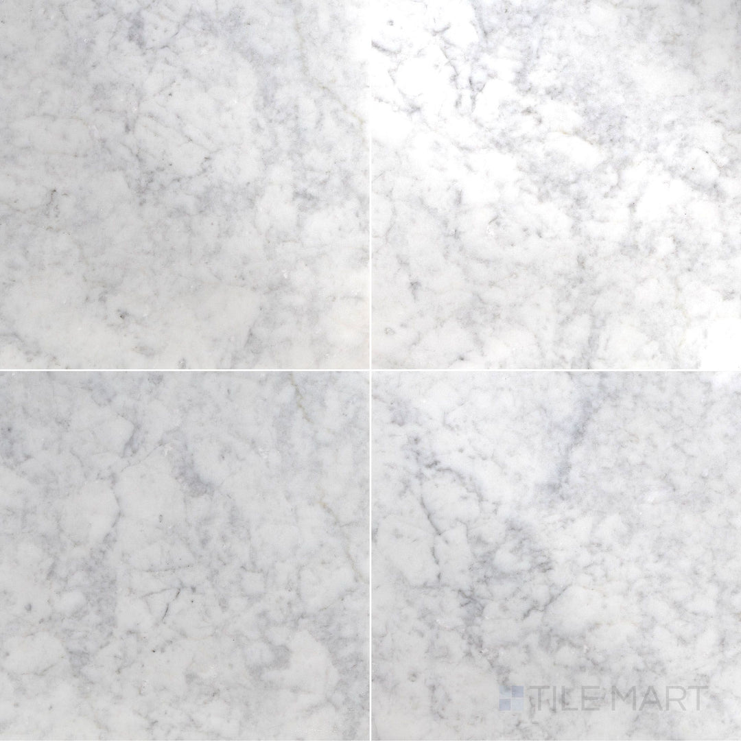 Flat lay of White Carrara Marble 18x18 polished tile showcasing glossy marble squares ideal for luxurious wall and floor designs