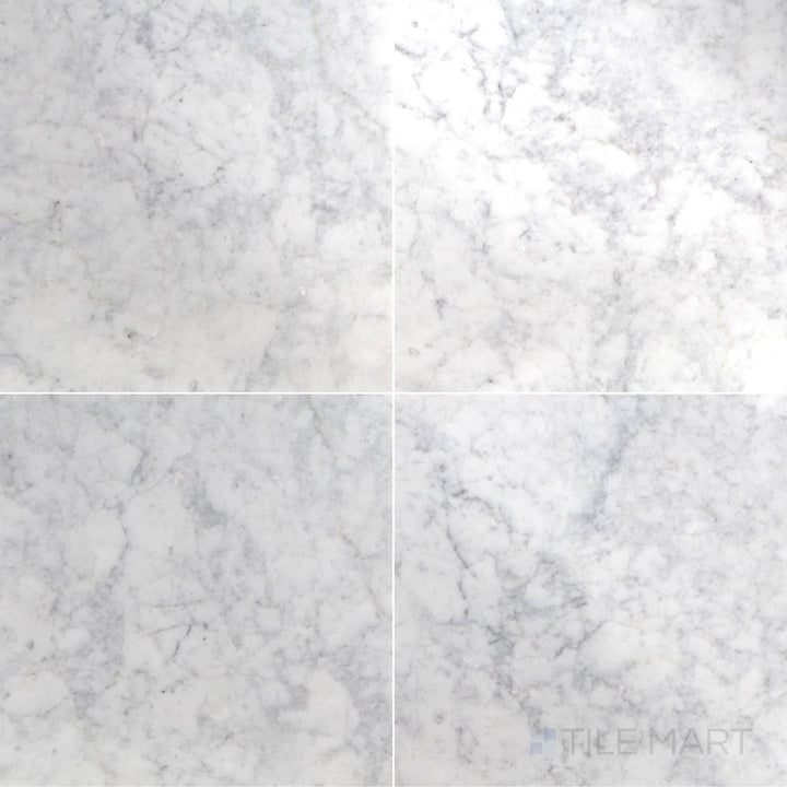 Flat lay of White Carrara Marble 18x18 polished tile showcasing glossy marble squares ideal for luxurious wall and floor designs