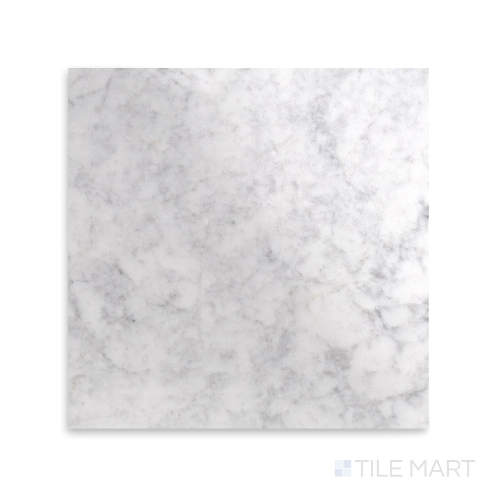 Full view of White Carrara Marble 18x18 polished tile highlighting glossy marble tiles perfect for high-end interiors
