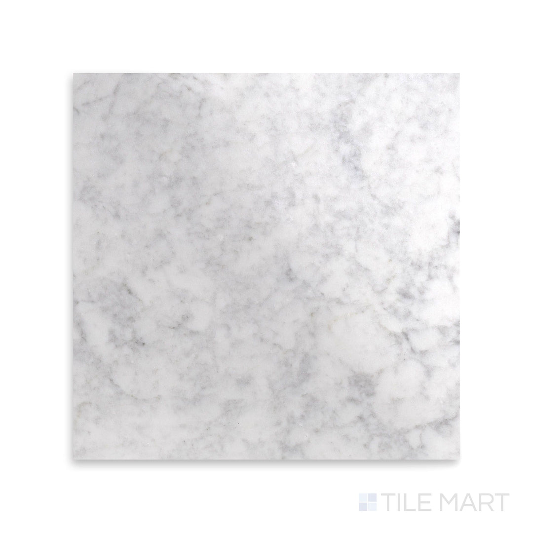 Full view of White Carrara Marble 18x18 polished tile highlighting glossy marble tiles perfect for high-end interiors