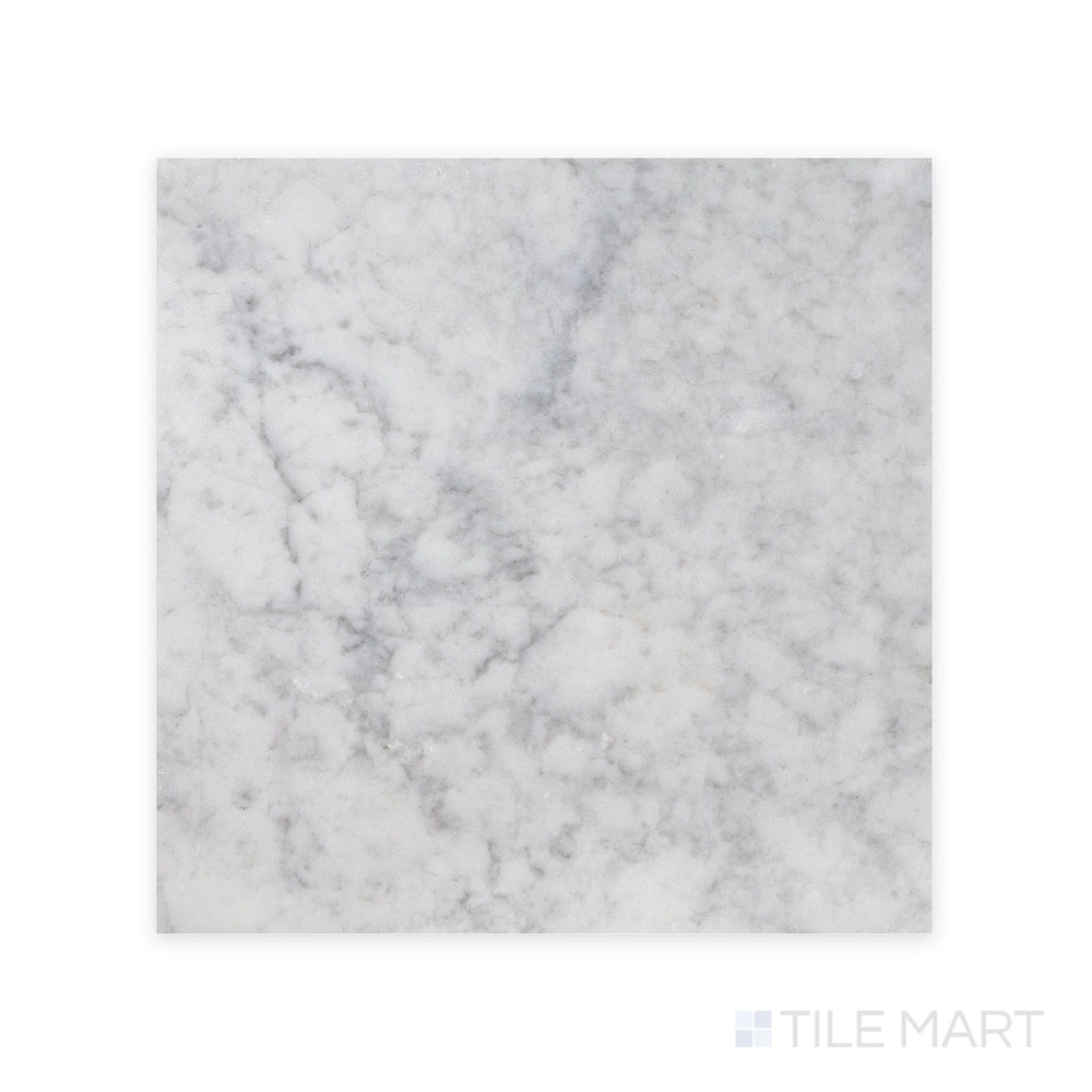 Overview of White Carrara Marble 24x24 honed tile showing very large matte marble squares suited for expansive minimalist interiors
