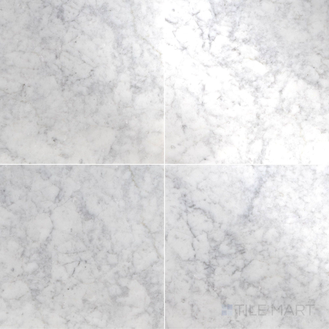 Flat overhead shot of White Carrara Marble 24x24 polished tile featuring glossy, expansive marble tiles for luxurious modern spaces