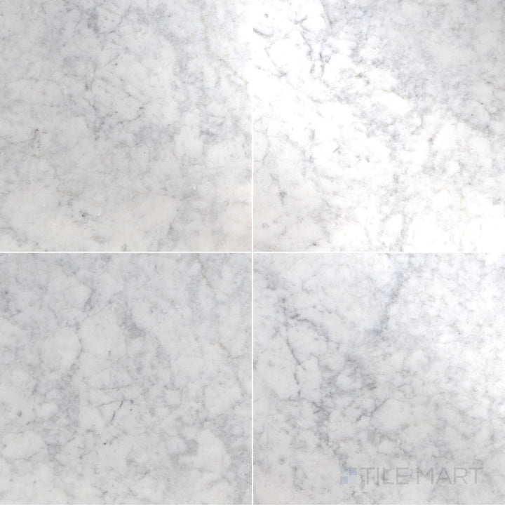 Flat overhead shot of White Carrara Marble 24x24 polished tile featuring glossy, expansive marble tiles for luxurious modern spaces