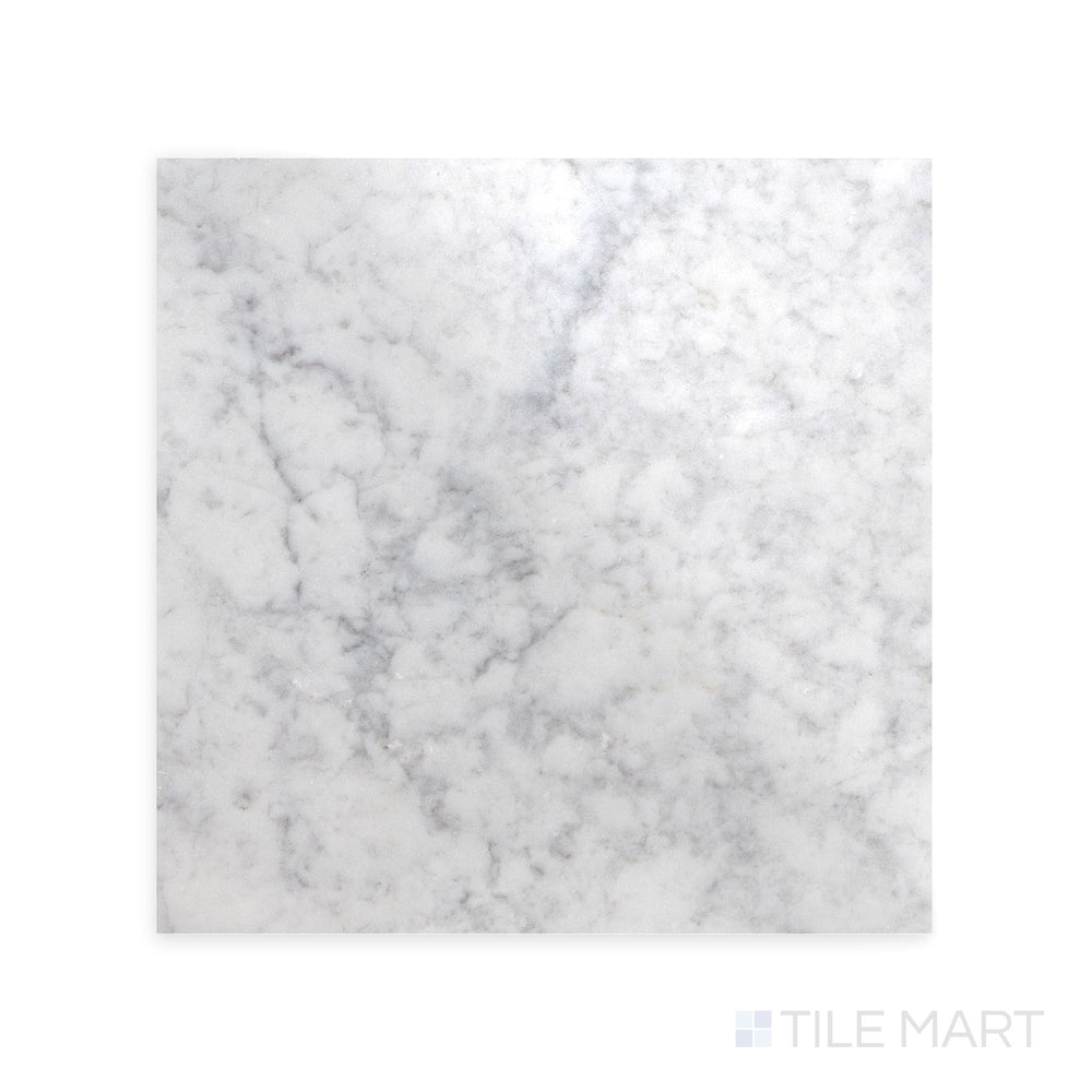 Full view of White Carrara Marble 24x24 polished tile displaying grand glossy marble squares for sophisticated floor and wall applications