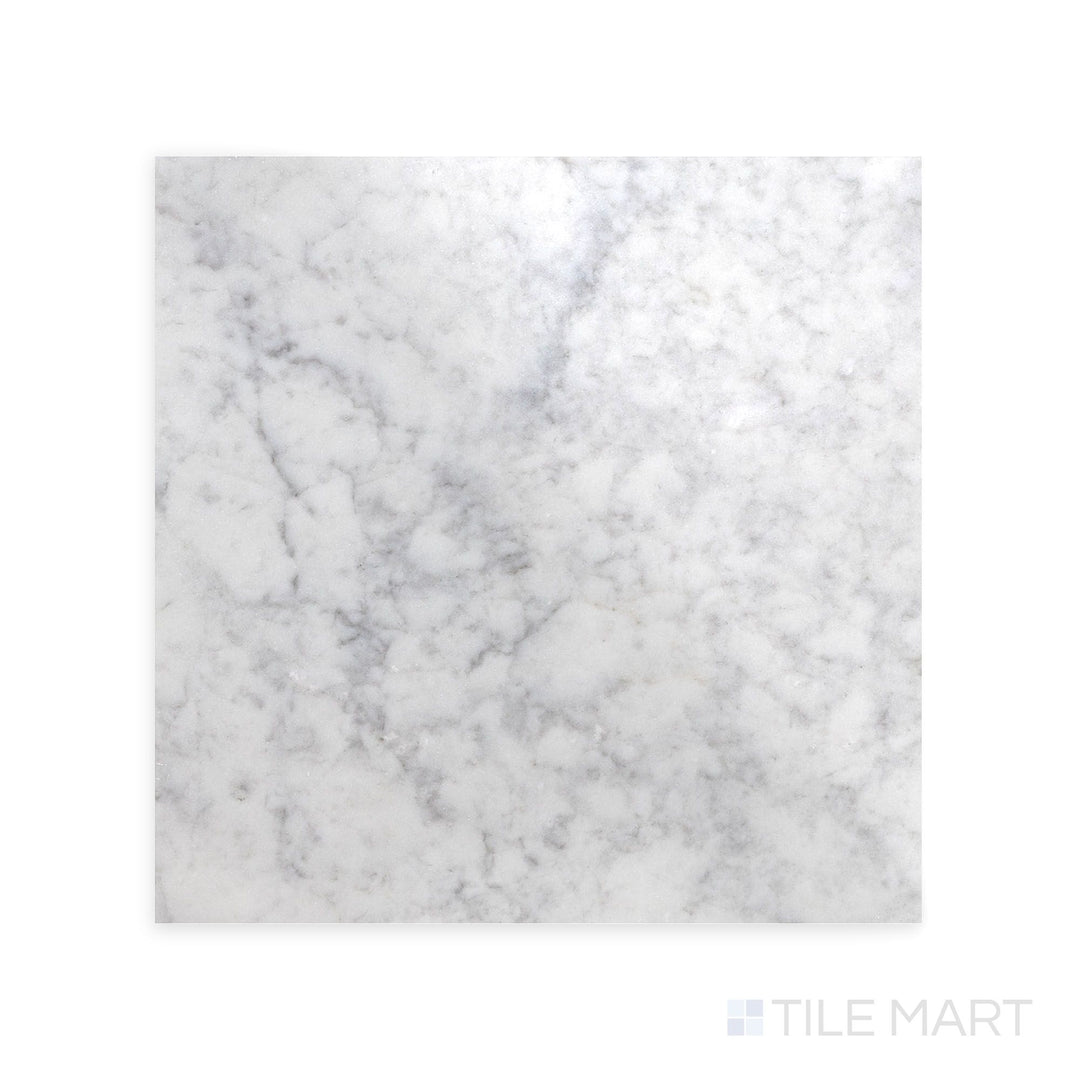 Full view of White Carrara Marble 24x24 polished tile displaying grand glossy marble squares for sophisticated floor and wall applications