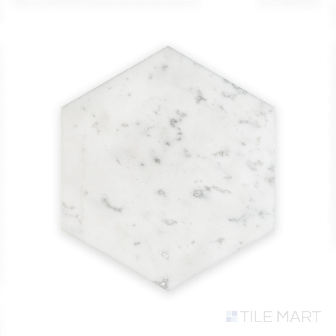Complete view of White Carrara Marble 6" hexagon polished tile featuring glossy marble hexagons arranged in a striking geometric design