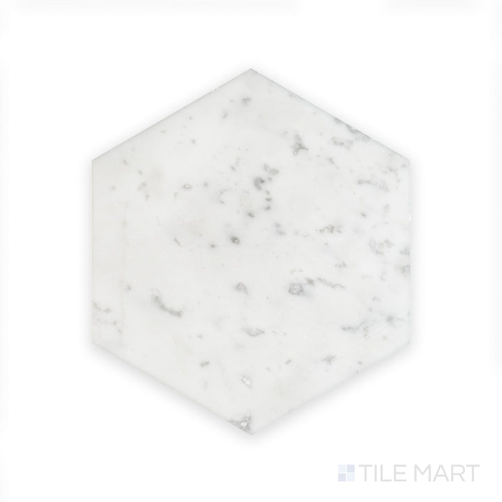 Complete view of White Carrara Marble 6" hexagon polished tile featuring glossy marble hexagons arranged in a striking geometric design