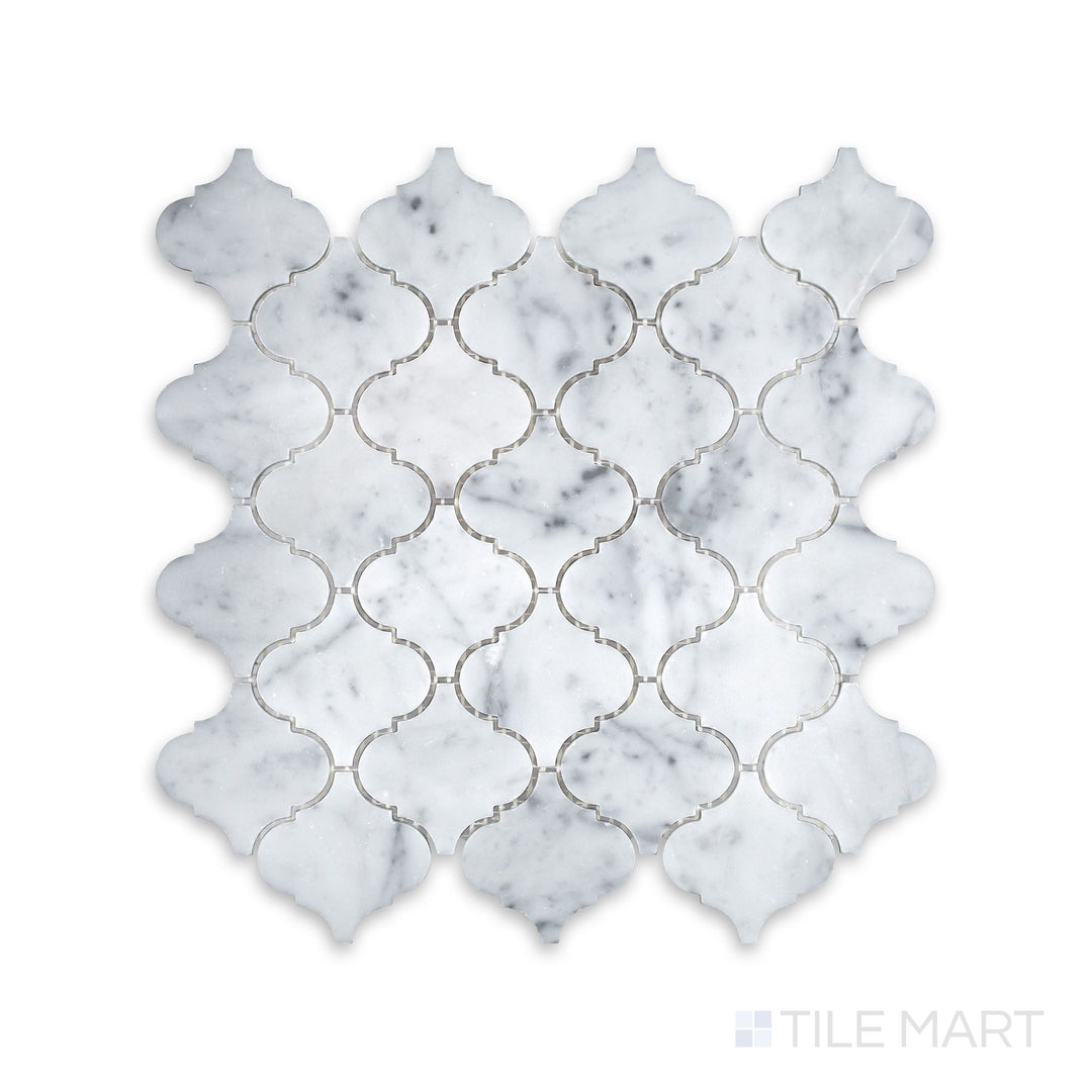 Overview of White Carrara Marble 3" arabesque honed mosaic showing full layout with soft matte marble finish and curved tile shapes