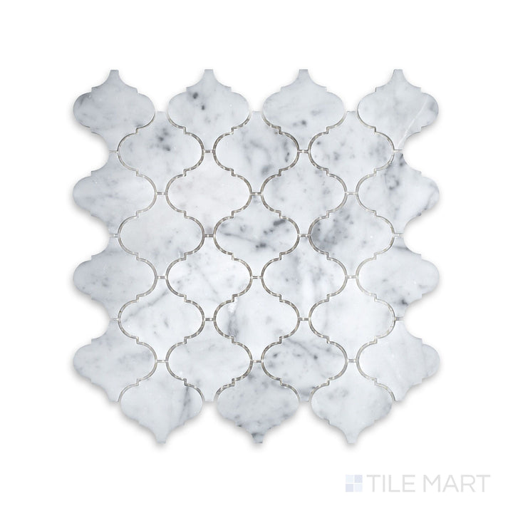 Overview of White Carrara Marble 3" arabesque honed mosaic showing full layout with soft matte marble finish and curved tile shapes
