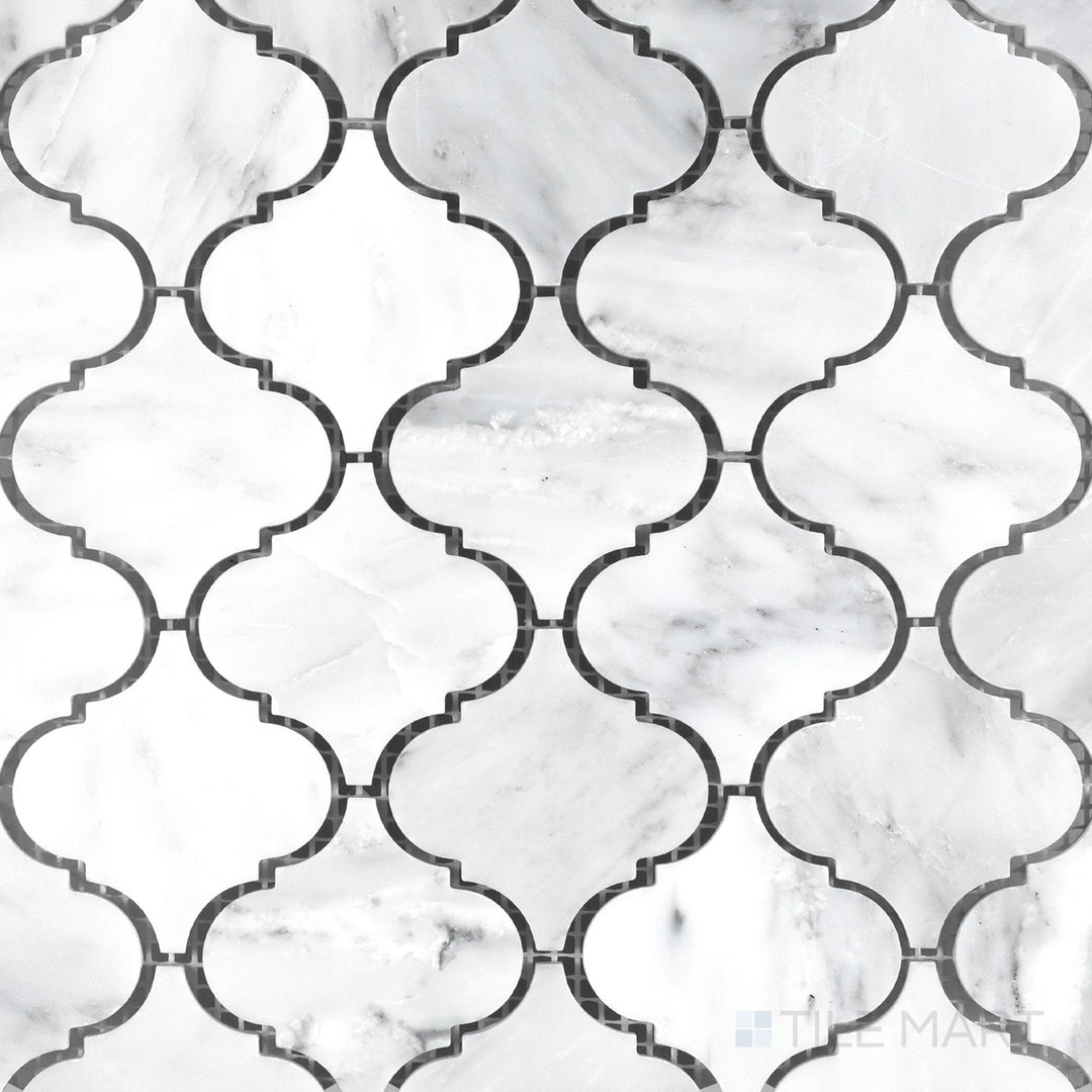 Flat overhead view of White Carrara Marble 3-inch arabesque polished mosaic, featuring a bright glossy texture and smooth flowing shapes for luxury walls