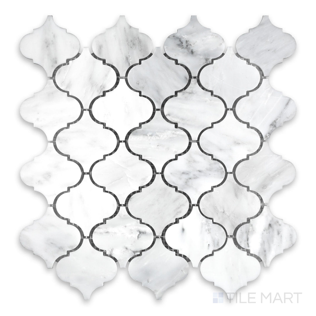 Tile showcase of White Carrara Marble 3" arabesque polished mosaic featuring a glossy finish and elegant curved marble shapes
