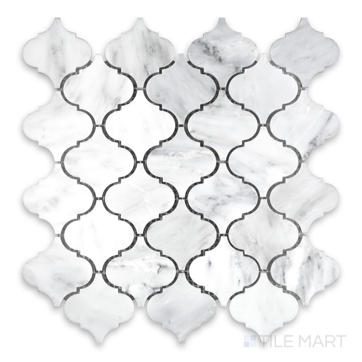 Tile showcase of White Carrara Marble 3" arabesque polished mosaic featuring a glossy finish and elegant curved marble shapes