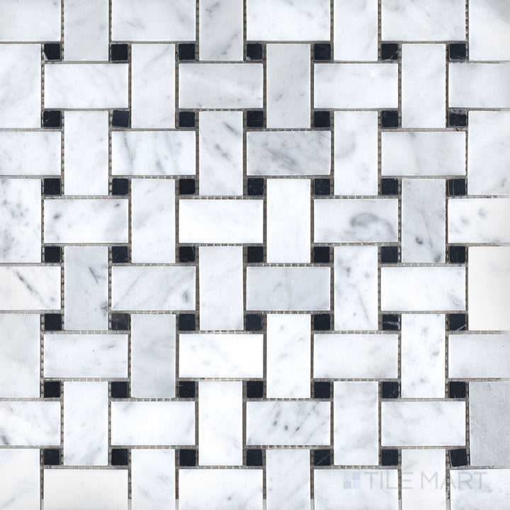 Top-down shot of White Carrara Marble basketweave mosaic with black dot accents, featuring a honed finish for timeless floor or wall designs
