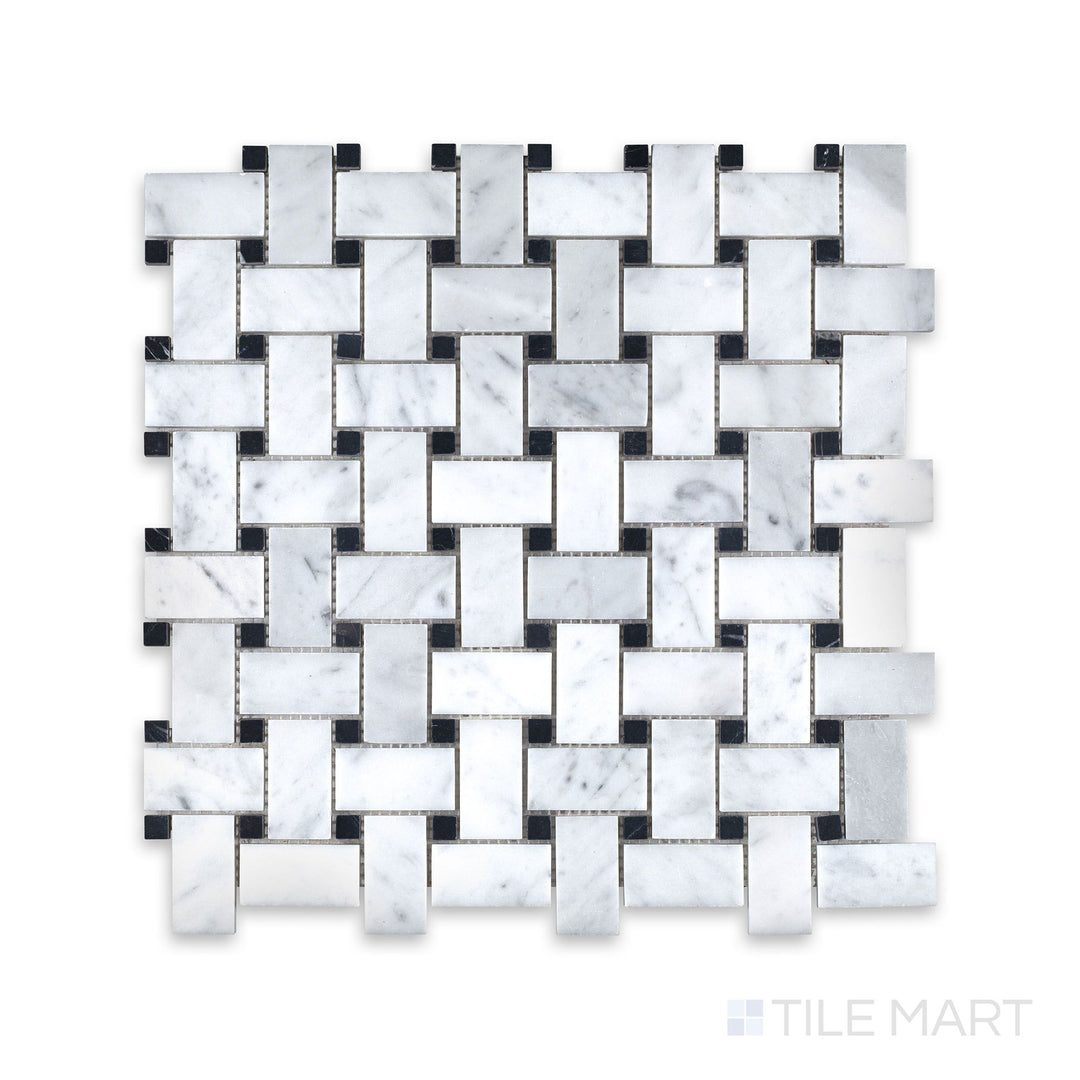 Mosaic display of White Carrara Marble basketweave with black dot honed tiles showcasing a woven marble pattern and soft matte finish