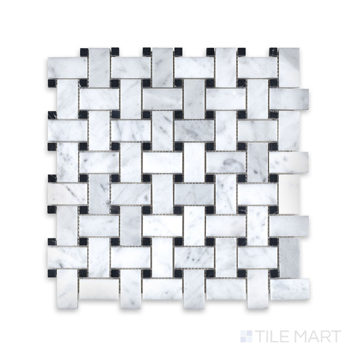 Mosaic display of White Carrara Marble basketweave with black dot honed tiles showcasing a woven marble pattern and soft matte finish
