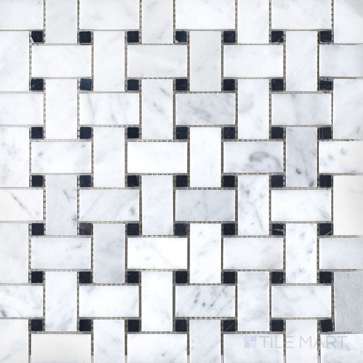 White Carrara marble basketweave with black dot polished mosaic tile shown in overview, featuring a timeless interlocking pattern with crisp contrast.
