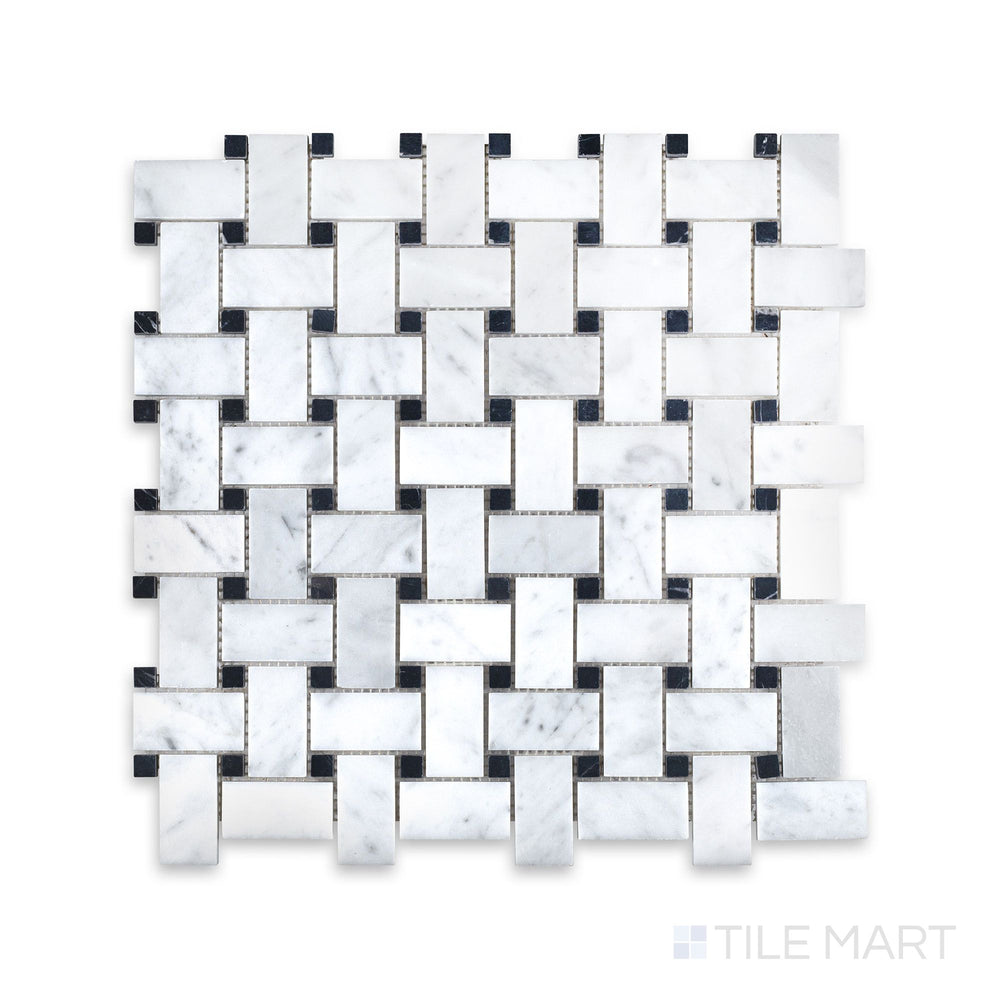 Top-down image of White Carrara Marble basketweave mosaic with black dot accents, showing a classic interwoven pattern with polished white marble and striking black dots.