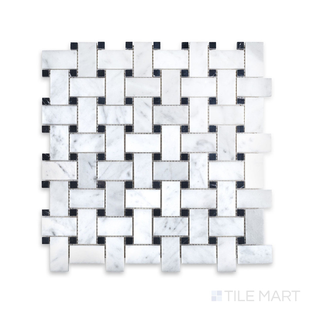 Top-down image of White Carrara Marble basketweave mosaic with black dot accents, showing a classic interwoven pattern with polished white marble and striking black dots.
