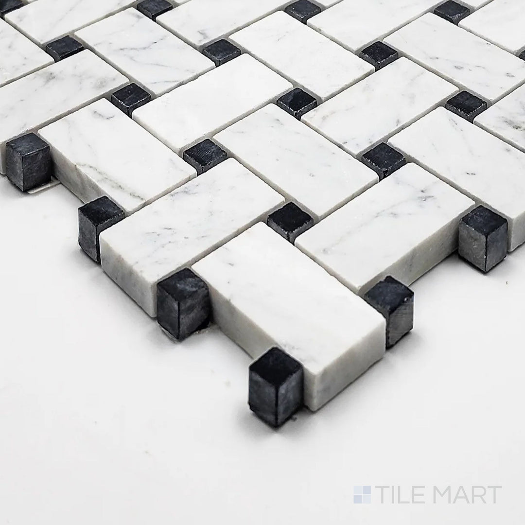 Corner close-up of White Carrara Marble basketweave with black dot polished mosaic showing contrast and fine veining.