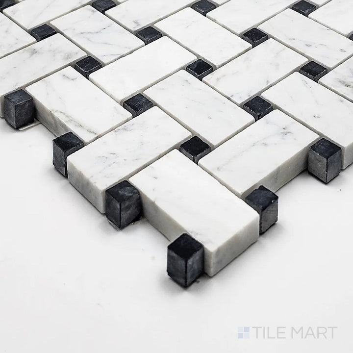 Corner close-up of White Carrara Marble basketweave with black dot polished mosaic showing contrast and fine veining.