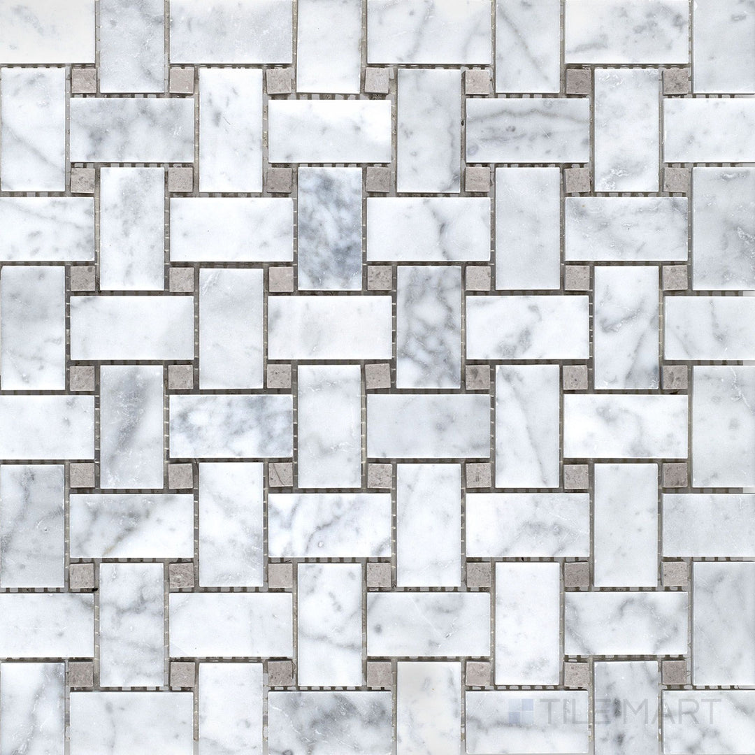 Flat overhead view of White Carrara Marble basketweave mosaic with grey dot details, honed for a soft, sophisticated surface look