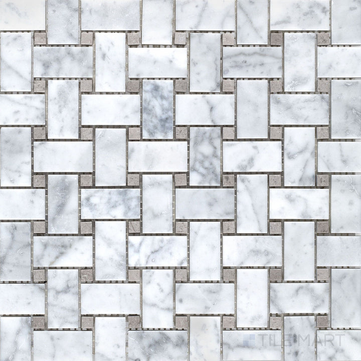 Flat overhead view of White Carrara Marble basketweave mosaic with grey dot details, honed for a soft, sophisticated surface look
