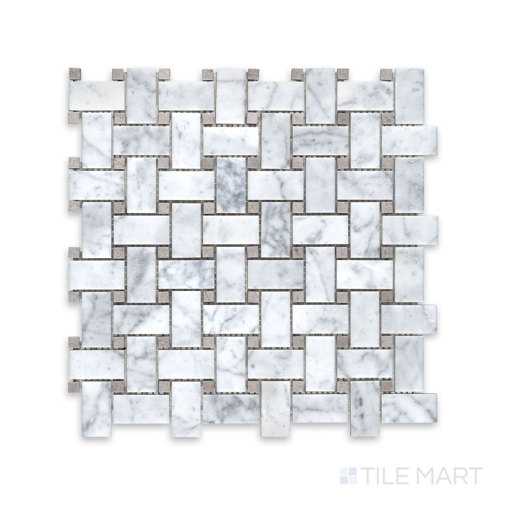 Full shot of White Carrara Marble basketweave with grey dot honed mosaic featuring soft-textured marble in a traditional weave layout