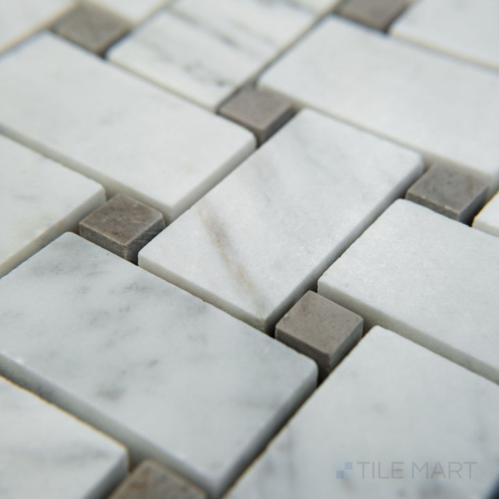 Corner view of White Carrara Marble basketweave with grey dot honed mosaic highlighting soft marble texture and grey accent dots