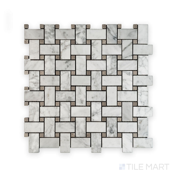 Sheet view of White Carrara Marble basketweave with grey dot polished mosaic showing a bright, glossy woven tile arrangement