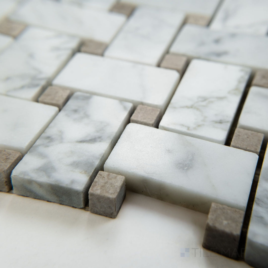 Angled view of White Carrara Marble basketweave with grey dot polished mosaic showing glossy marble weave and grey highlights