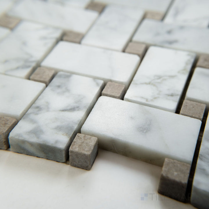 Angled view of White Carrara Marble basketweave with grey dot polished mosaic showing glossy marble weave and grey highlights