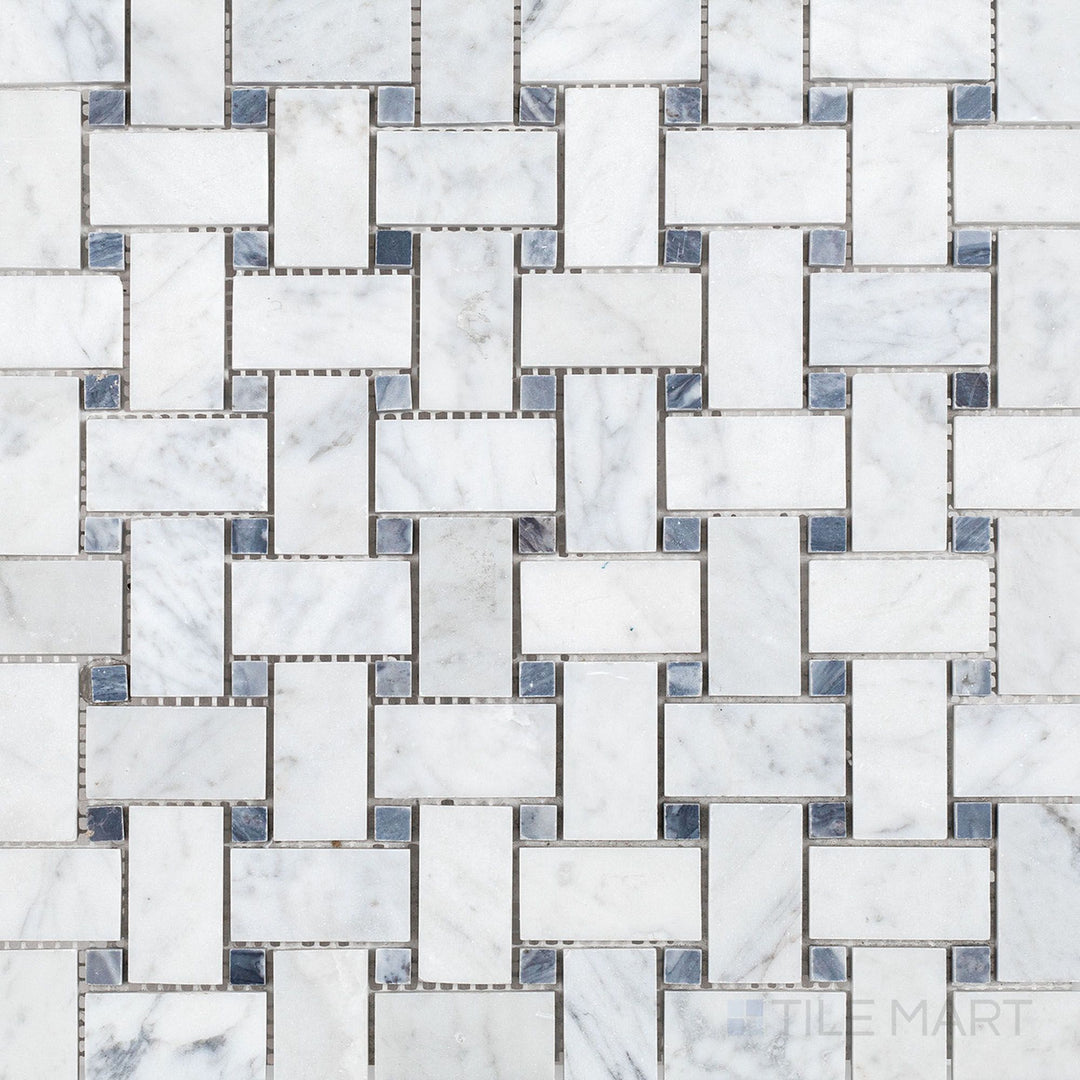 Overview of White Carrara Marble Basketweave mosaic with Blue Dot in a honed finish, showcasing its classic woven pattern.