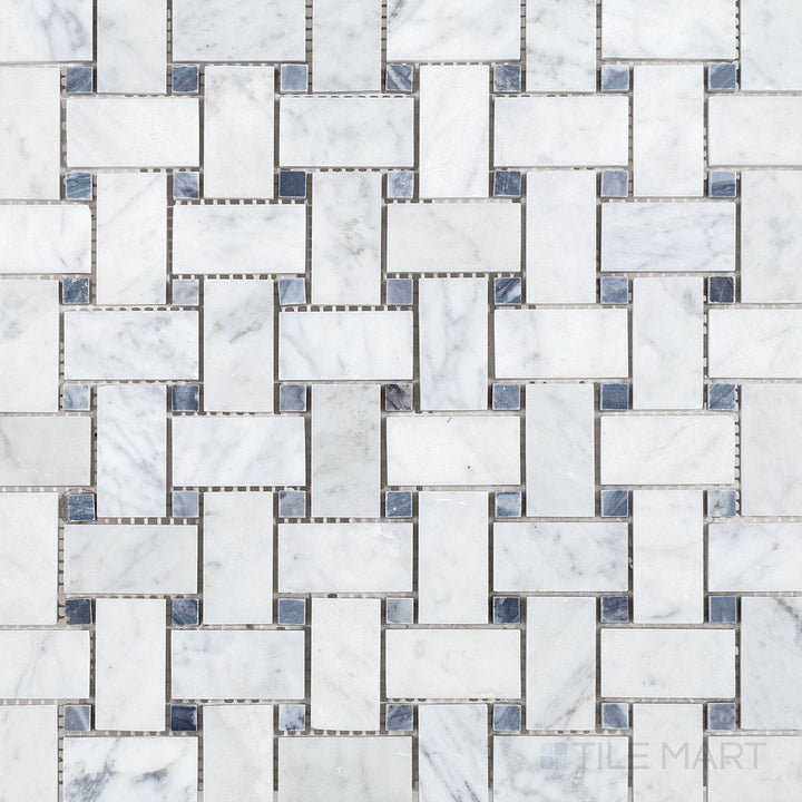 Overview of White Carrara Marble Basketweave mosaic with Blue Dot in a honed finish, showcasing its classic woven pattern.