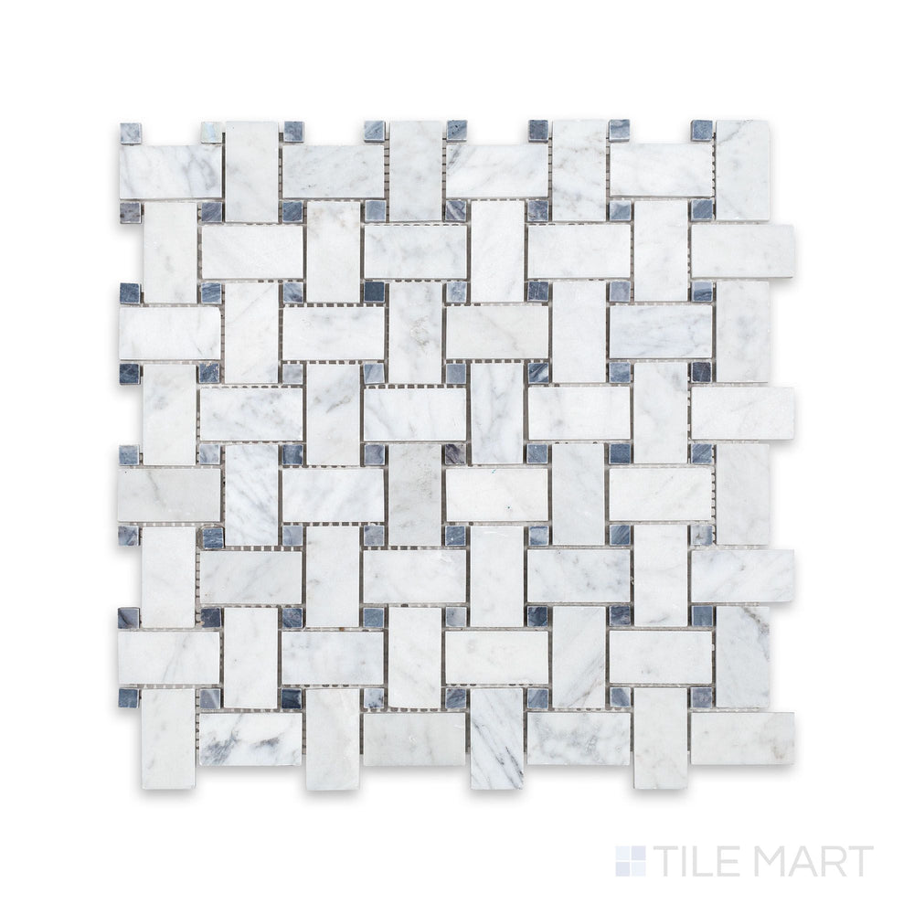 Top-down view of White Carrara Marble Basketweave with Blue Dot Honed Mosaic featuring classic white marble interwoven with soft blue accent dots in a subtle, honed finish.