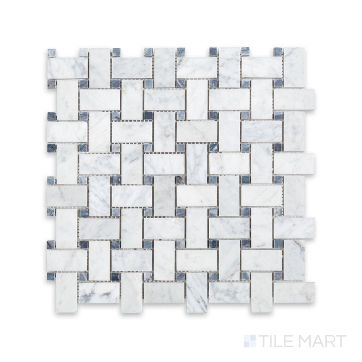 Top-down view of White Carrara Marble Basketweave with Blue Dot Honed Mosaic featuring classic white marble interwoven with soft blue accent dots in a subtle, honed finish.