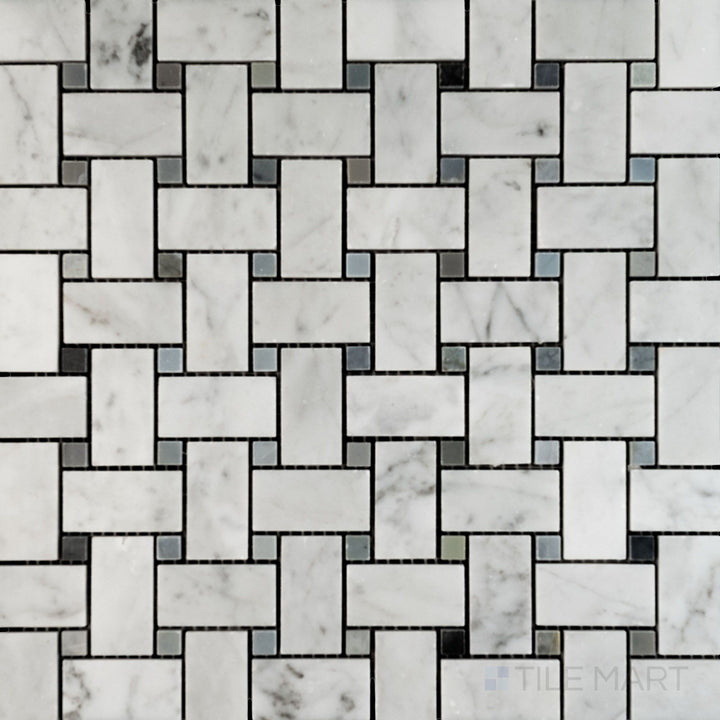 White Carrara Marble Basketweave mosaic with Blue Dot polished finish displayed in a full layout overview for detailed texture visibility.