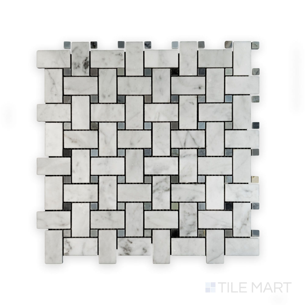 Overhead view of White Carrara Marble Basketweave with Blue Dot Polished Mosaic showing polished white marble tiles with striking blue dots in a refined basketweave layout.