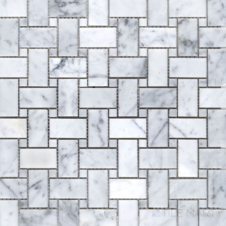 Top-down view of White Carrara Marble basketweave mosaic with white dot highlights, honed to create a smooth, classic surface pattern