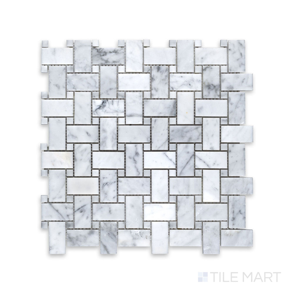 Product layout of White Carrara Marble basketweave with white dot honed mosaic highlighting a classic woven marble tile design with matte finish