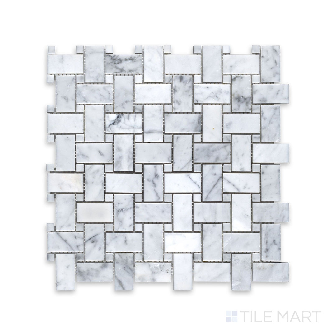 Product layout of White Carrara Marble basketweave with white dot honed mosaic highlighting a classic woven marble tile design with matte finish