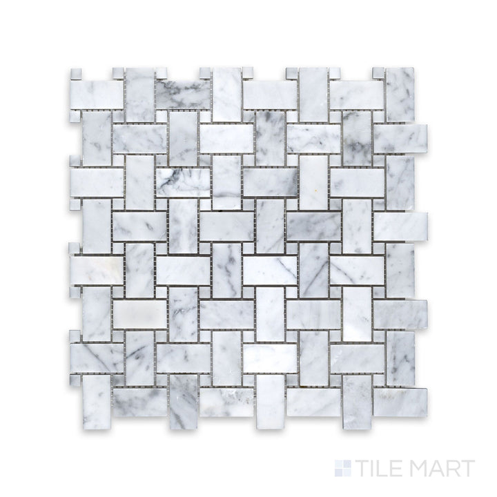 Product layout of White Carrara Marble basketweave with white dot honed mosaic highlighting a classic woven marble tile design with matte finish