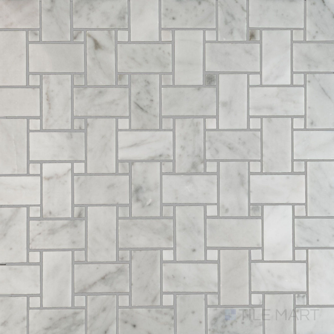 Overhead perspective of White Carrara Marble basketweave mosaic with white dots and polished finish, ideal for adding shine to walls or floors