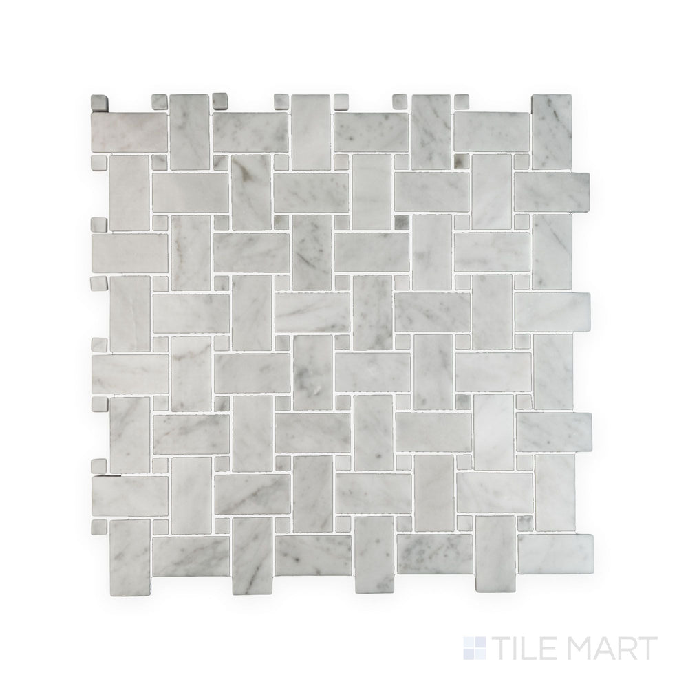 Tile arrangement of White Carrara Marble basketweave with white dot polished mosaic displaying glossy marble tiles in a clean woven layout