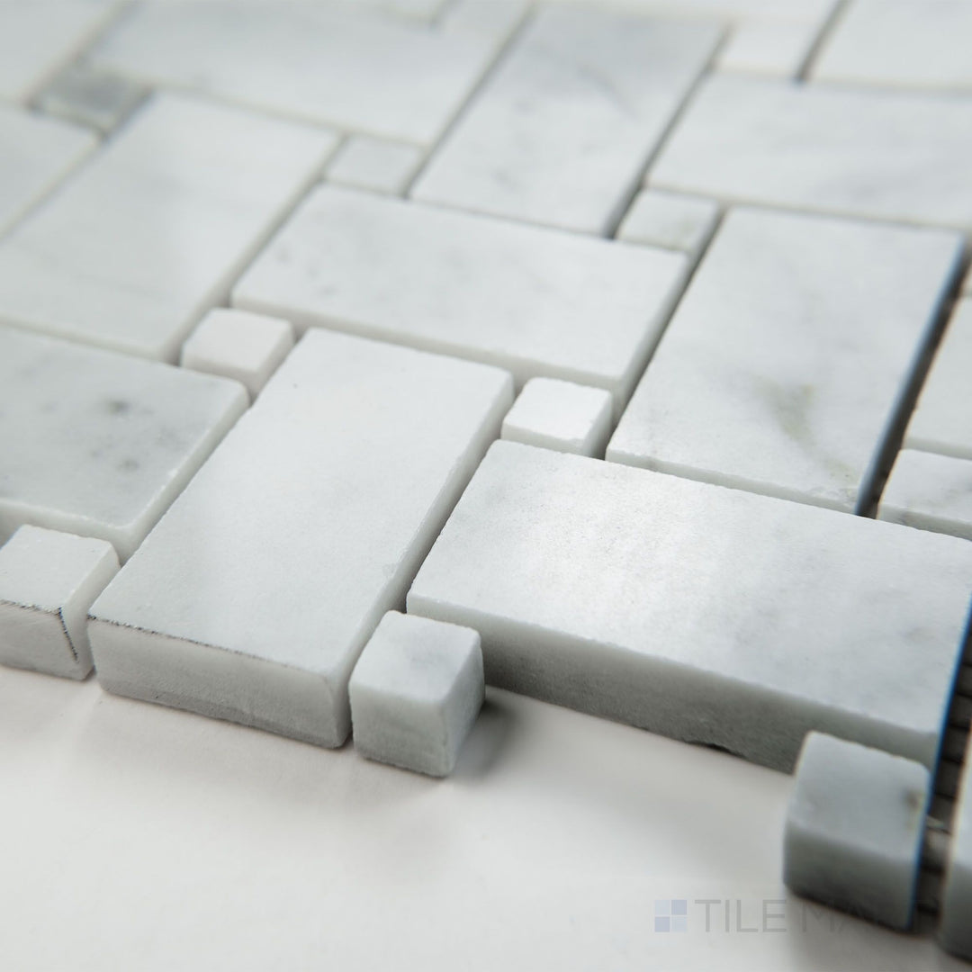 Corner view of White Carrara Marble basketweave with white dot polished mosaic showcasing glossy marble weave and clean white accents