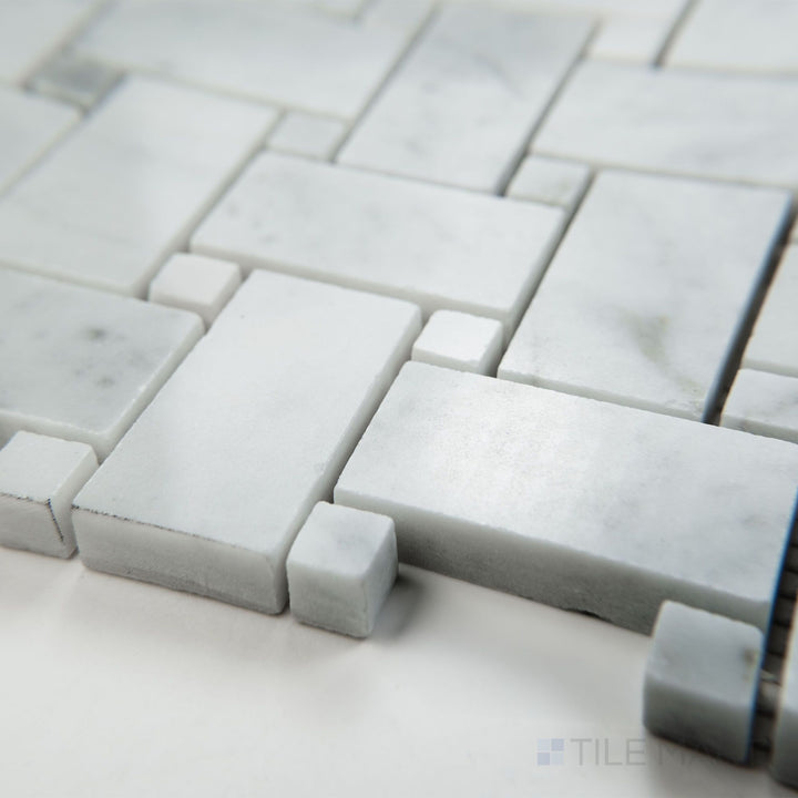 Corner view of White Carrara Marble basketweave with white dot polished mosaic showcasing glossy marble weave and clean white accents