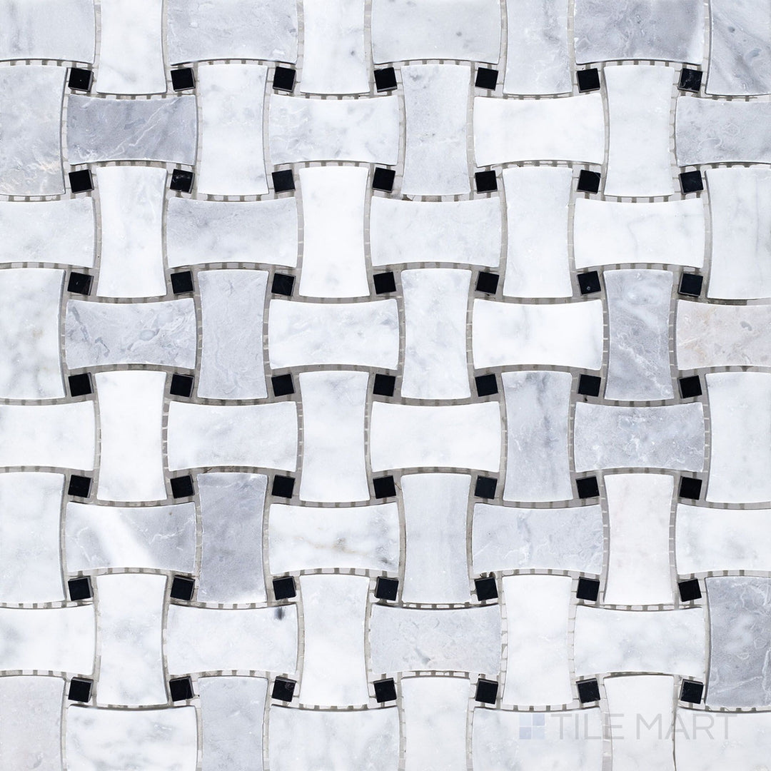 Flat lay of White Carrara Marble dogbone basketweave honed mosaic tile featuring distinct elongated shapes and a timeless matte finish