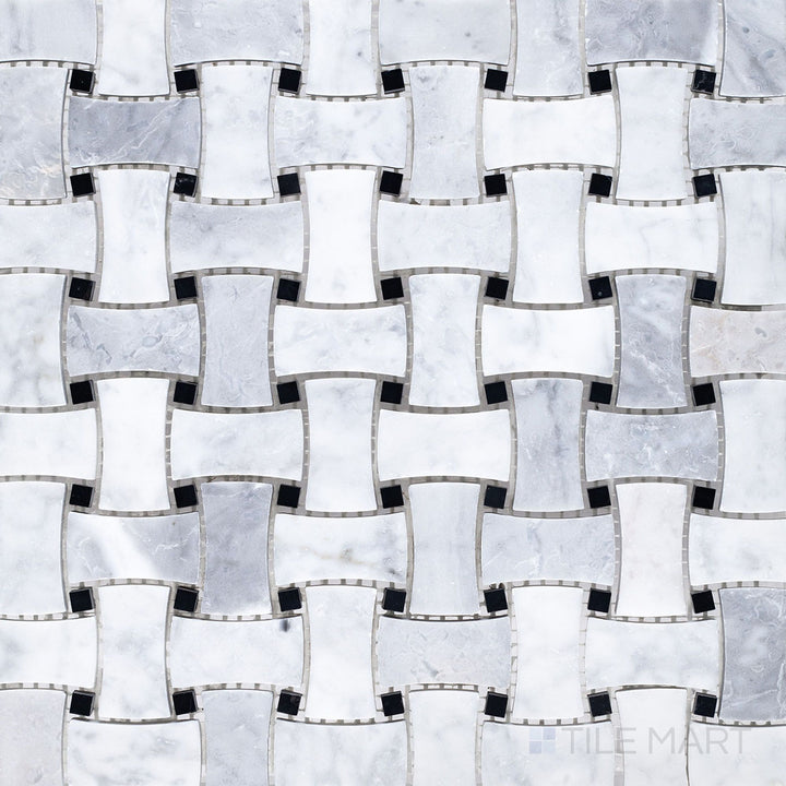 Flat lay of White Carrara Marble dogbone basketweave honed mosaic tile featuring distinct elongated shapes and a timeless matte finish